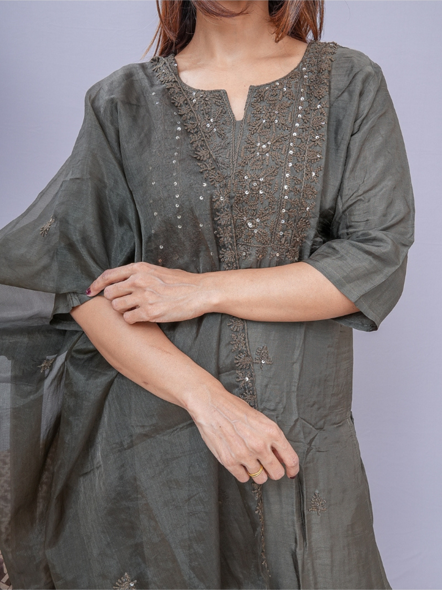 "Ojas" olive green raw silk dress .