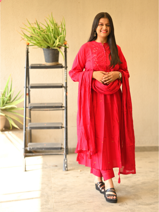 "Rasberry" red cotton A-line dress