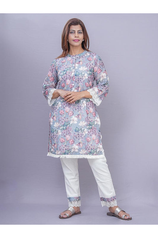 Floral Printed Cotton Kurti with Lace Details