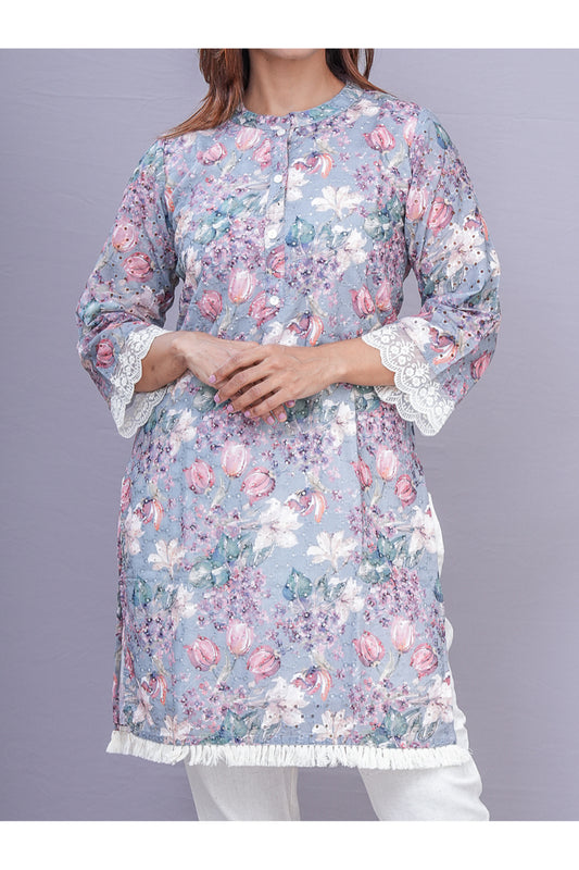 Floral Printed Cotton Kurti with Lace Details