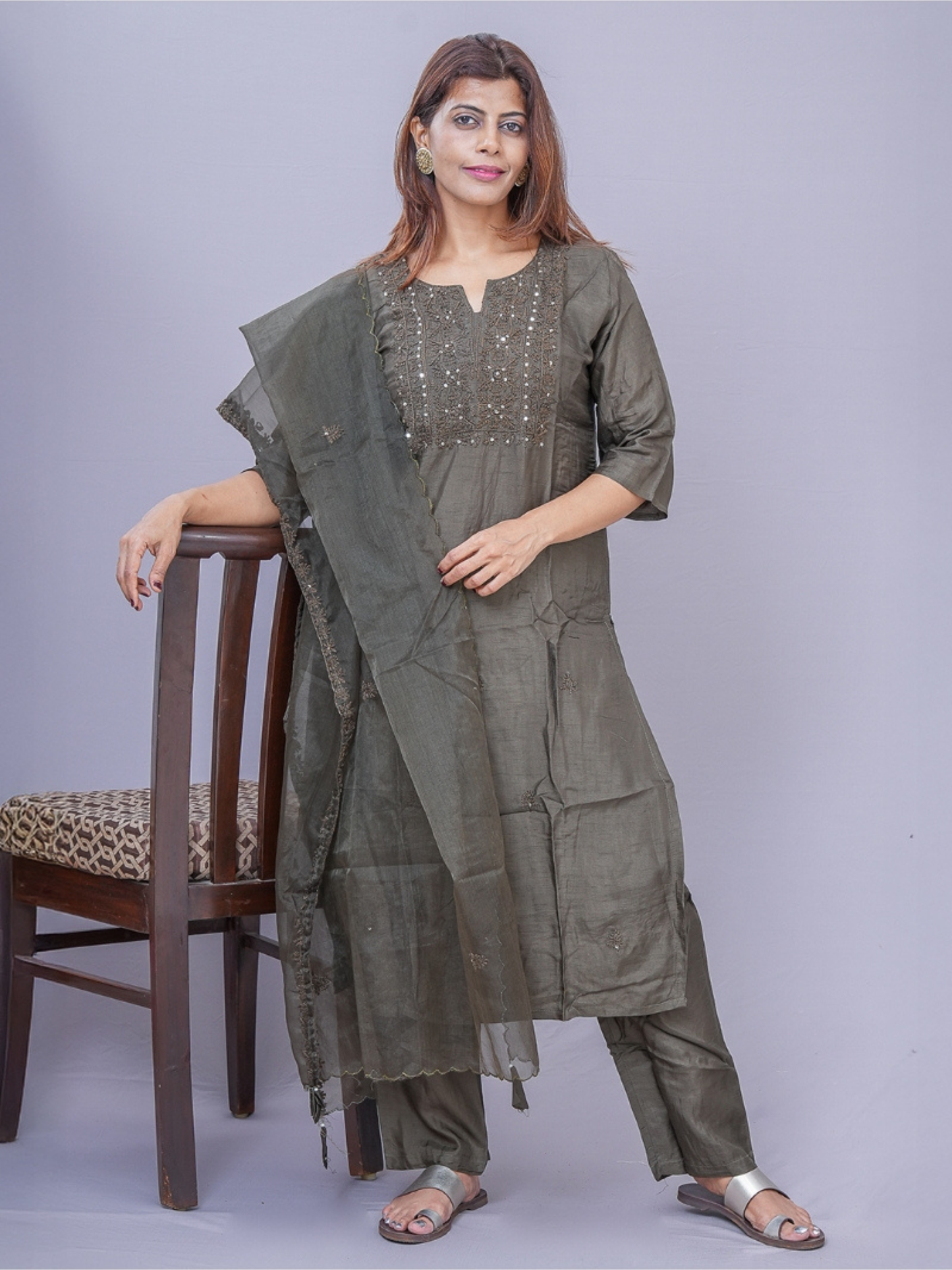 "Ojas" olive green raw silk dress .