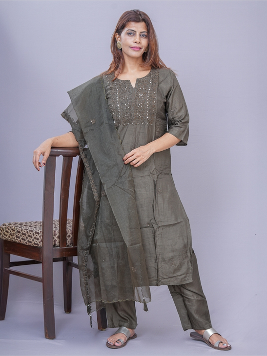 "Ojas" olive green raw silk dress .