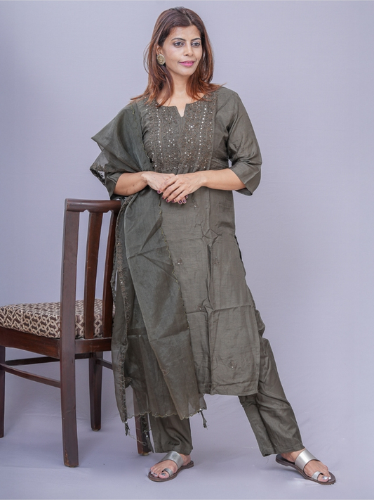 "Ojas" olive green raw silk dress .