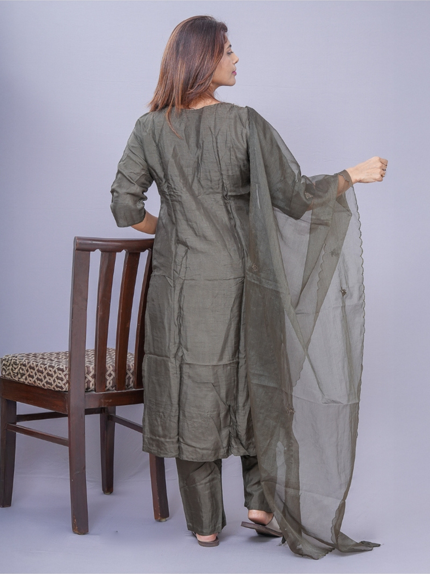 "Ojas" olive green raw silk dress .
