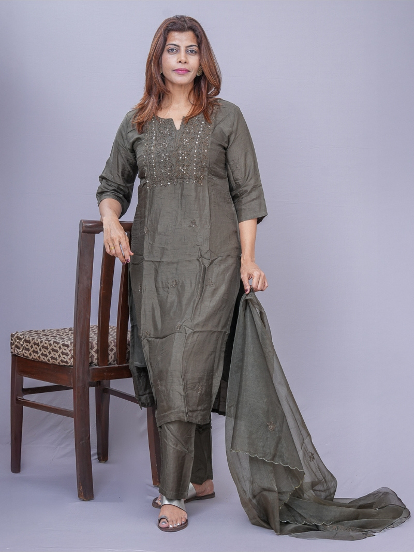 "Ojas" olive green raw silk dress .