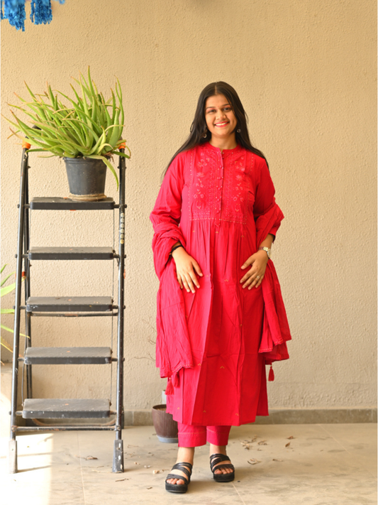 "Rasberry" red cotton A-line dress