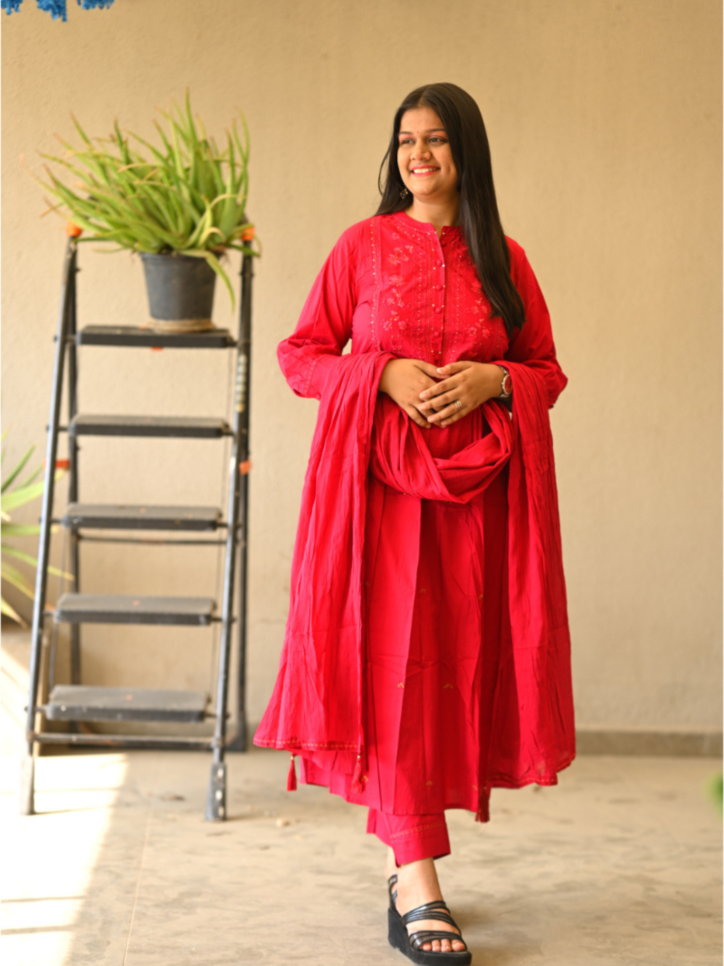 "Rasberry" red cotton A-line dress