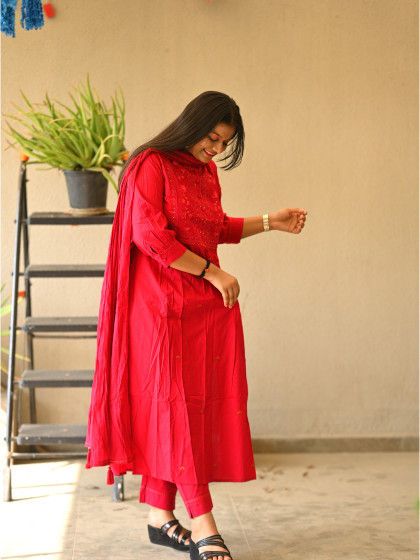 "Rasberry" red cotton A-line dress