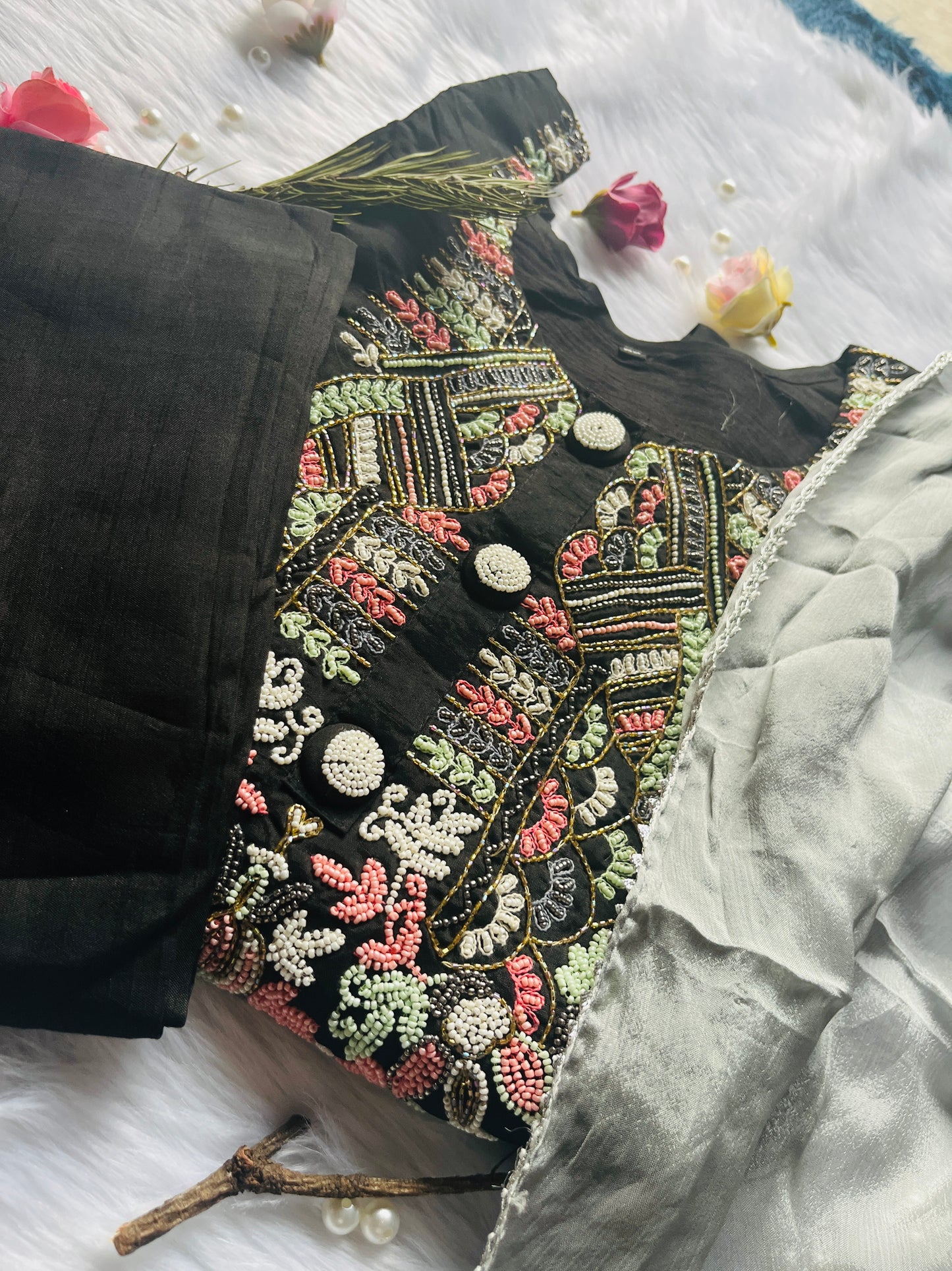 Black designer party wear pure dola silk set with beautiful pearl work !