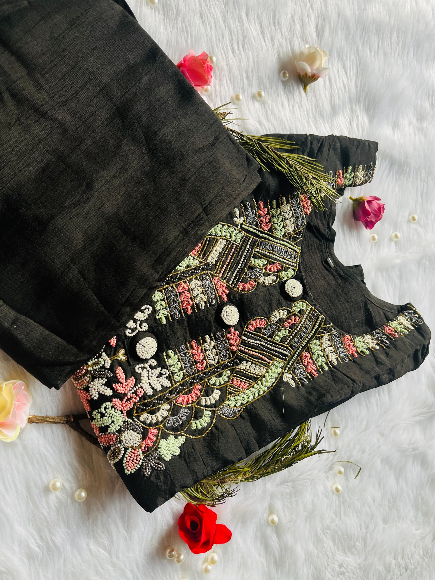 Black designer party wear pure dola silk set with beautiful pearl work !