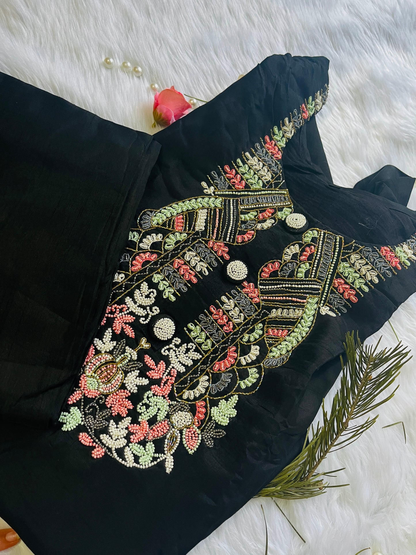 Black designer party wear pure dola silk set with beautiful pearl work !