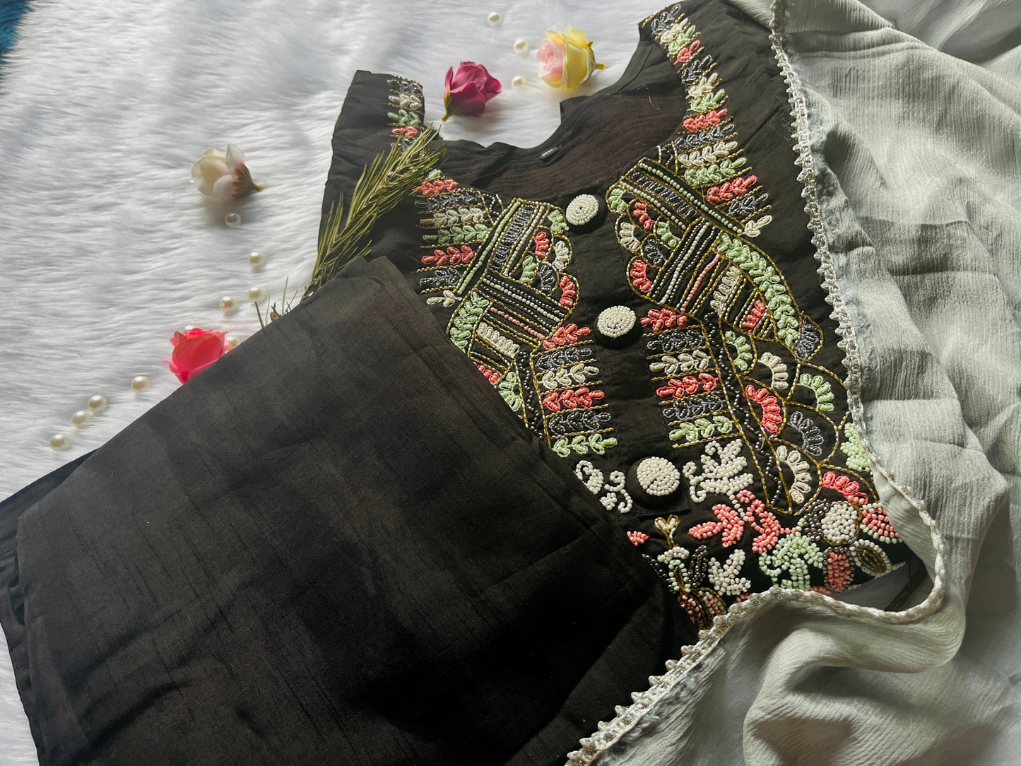 Black designer party wear pure dola silk set with beautiful pearl work !