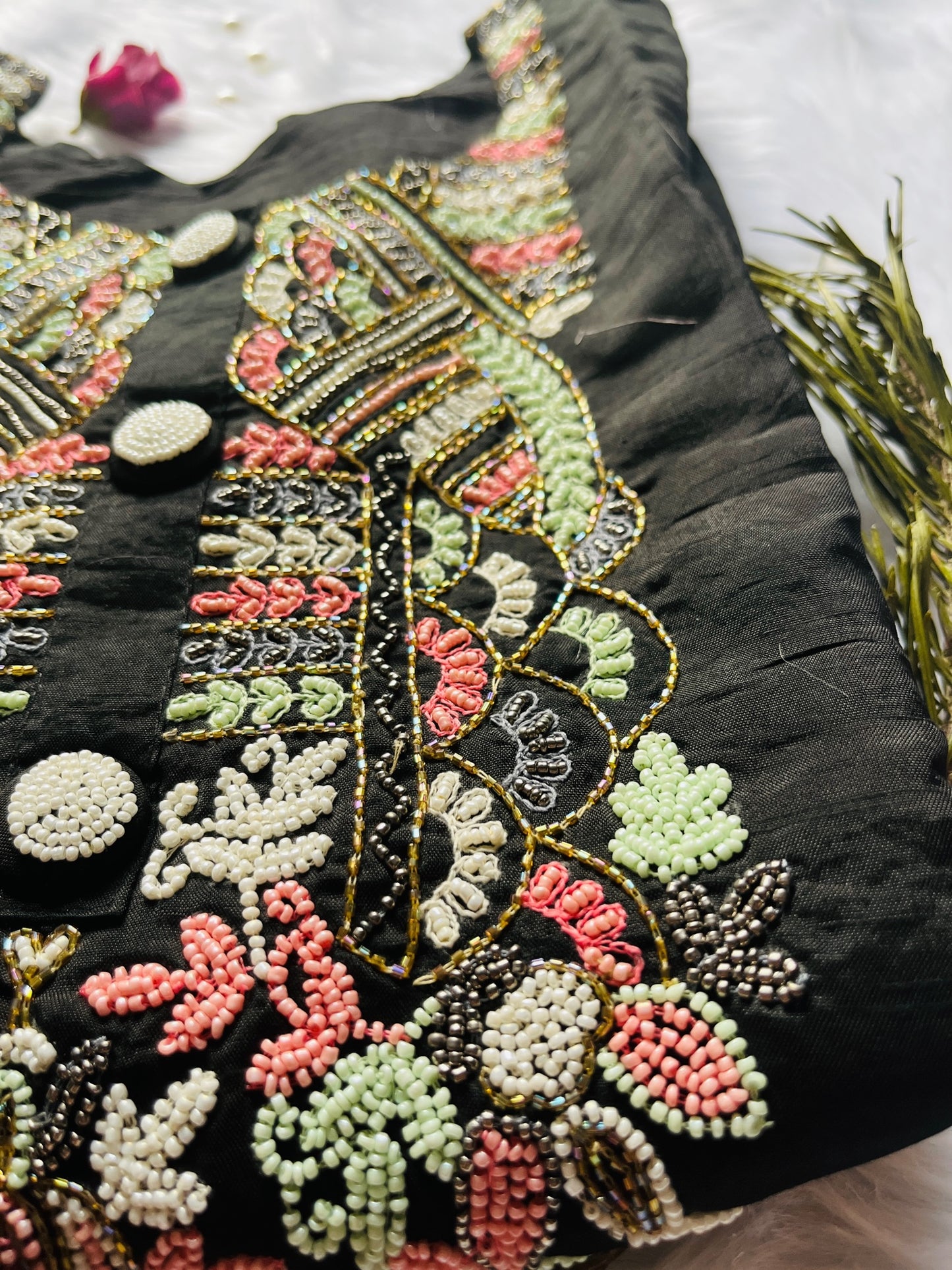 Black designer party wear pure dola silk set with beautiful pearl work !