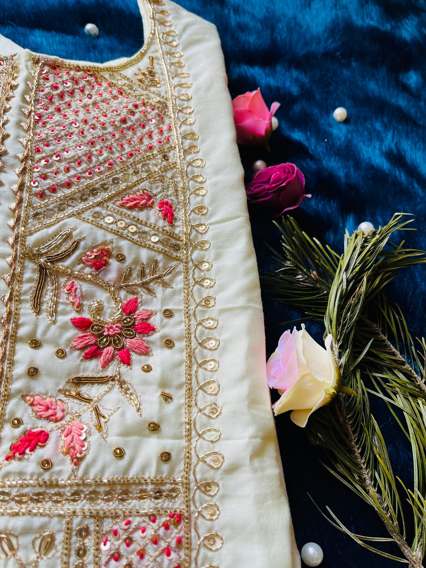 Pure Zari and Thread Handwork Masleen Kurti with Banarasi Dupatta