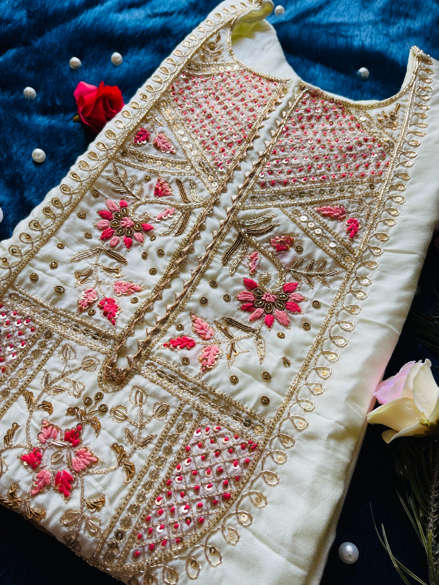 Pure Zari and Thread Handwork Masleen Kurti with Banarasi Dupatta