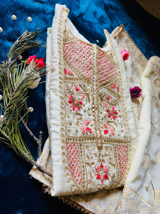 Pure Zari and Thread Handwork Masleen Kurti with Banarasi Dupatta