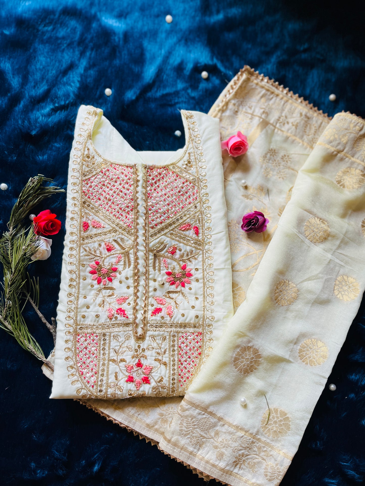 Pure Zari and Thread Handwork Masleen Kurti with Banarasi Dupatta