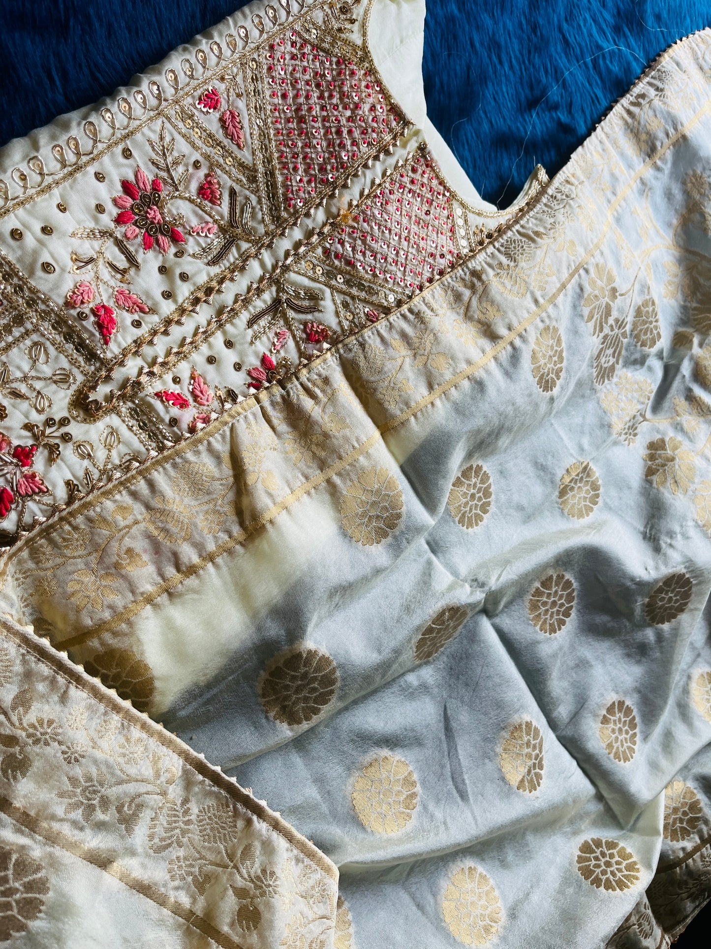 Pure Zari and Thread Handwork Masleen Kurti with Banarasi Dupatta