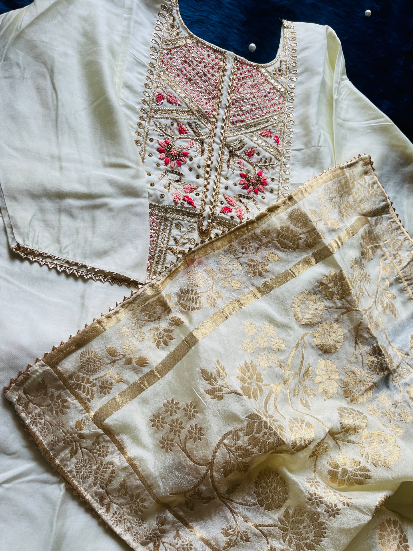 Pure Zari and Thread Handwork Masleen Kurti with Banarasi Dupatta