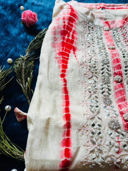 Tie - Die with elegant hand mirror work on neck kurti pant set !