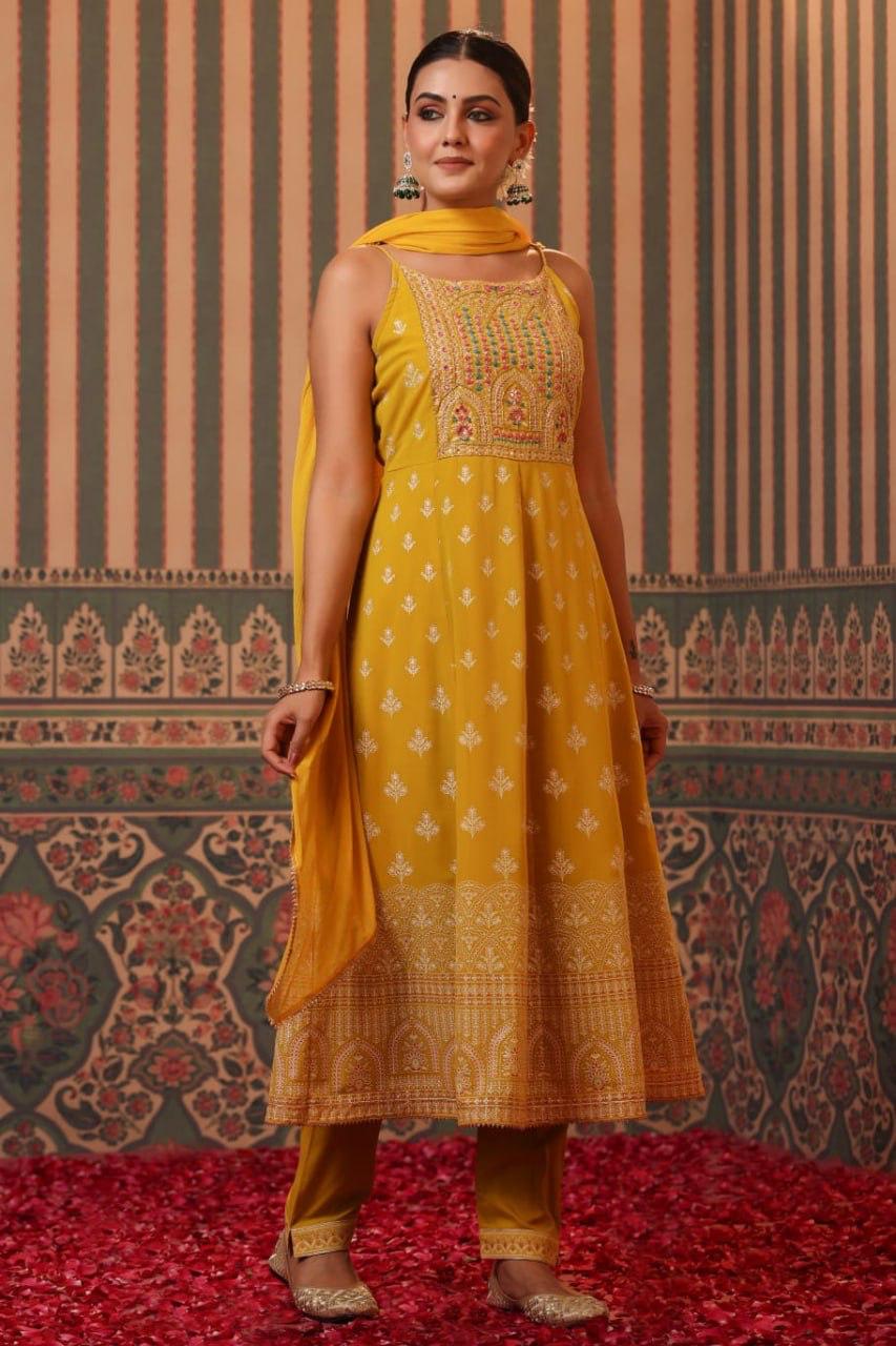 Designer Halter Neck Style Yellow suit